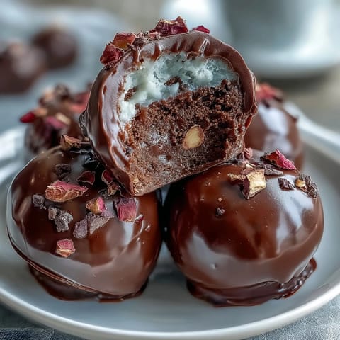 Luxurious Dubai-style strawberry truffles with dark chocolate shell and rosewater aroma.