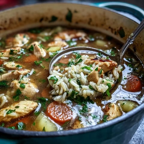 A steaming bowl of Easy Chicken and Rice Soup, brimming with tender chicken, fluffy rice, and colorful vegetables in a savory broth.