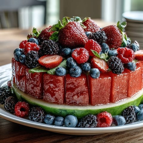 1. Vibrant watermelon carving board overflowing with fresh berries, strawberries, blueberries, raspberries, and mint—a stunning summer fruit centerpiece.  
