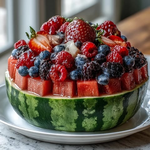 2. Refreshing watermelon bowl brimming with juicy melon balls and a colorful mix of fresh berries, perfect for festive gatherings and healthy snacking.  