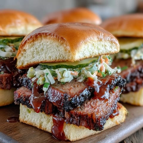 Smoky, tender BBQ brisket sliders with tangy sauce and crisp slaw on soft buns, perfect for baby showers and parties.