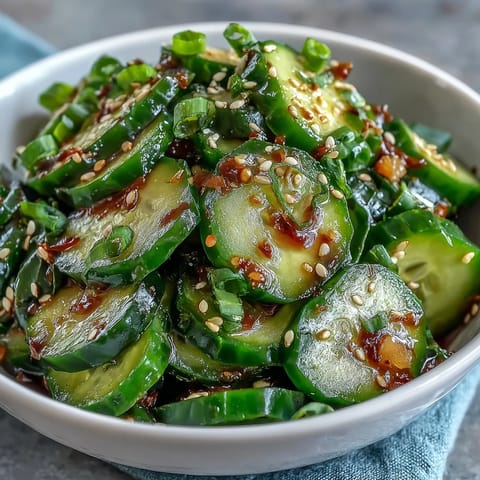 Crisp Asian cucumber salad with sesame and rice vinegar, sliced cucumbers in tangy dressing with green onions and sesame seeds.