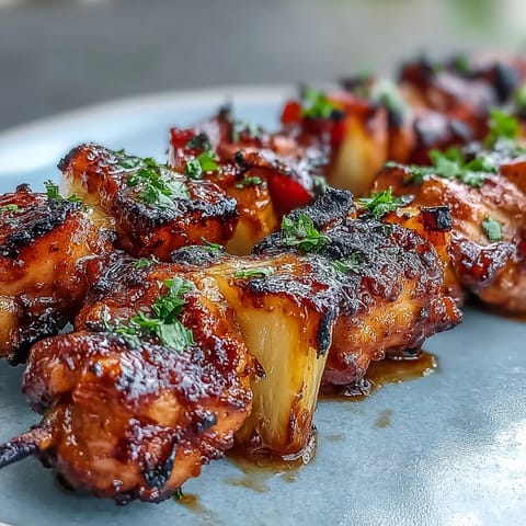 Grilled Pineapple Chicken Skewers with caramelized pineapple and juicy chicken on skewers, perfect for summer BBQs.