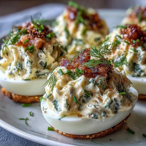 Creamy deviled eggs topped with smoked salmon and everything bagel seasoning, perfect for brunch or parties.