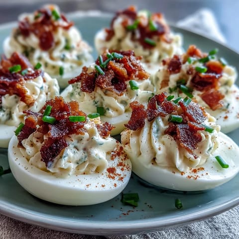 Crispy bacon and creamy ranch deviled eggs, garnished with fresh chives and paprika, perfect for Easter brunch or parties.