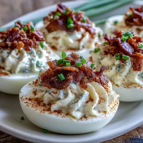 Creamy bacon ranch deviled eggs with smoky bacon crumbles and fresh herbs, a savory twist on a classic appetizer.