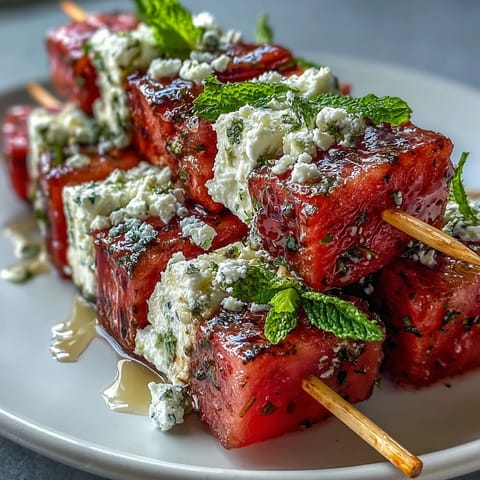 Juicy watermelon, creamy feta, and fresh mint skewers drizzled with olive oil, perfect for summer parties.  
