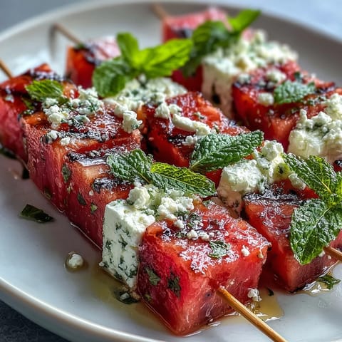 Refreshing watermelon feta mint skewers with balsamic glaze, an easy no-cook appetizer for warm days.  