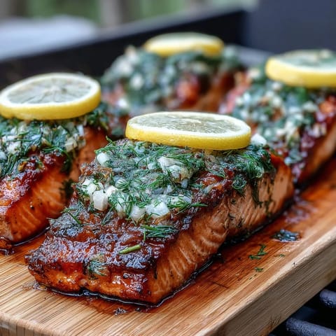 Cedar Plank Salmon with Garlic Dill sizzling on smoky cedar, garnished with fresh dill and lemon slices for a vibrant summer dinner.
