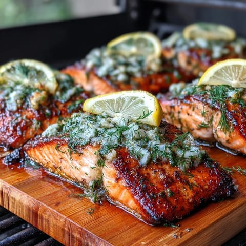Aromatic cedar plank salmon with garlic dill marinade, grilled to flaky perfection and served with lemon wedges for a healthy, flavorful meal.