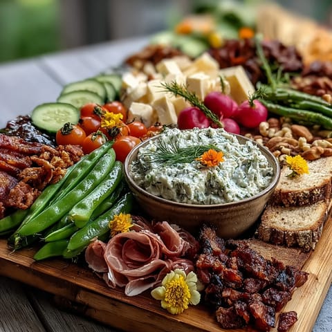Vibrant spring charcuterie board with radishes, peas, and herb dip, featuring fresh produce and savory meats for a light appetizer.