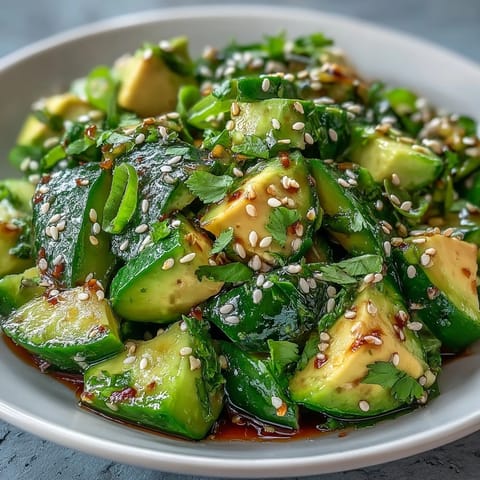 A vibrant bowl of smashed cucumber and avocado salad with sesame seeds and green onions, dressed in a tangy sesame-ginger vinaigrette.