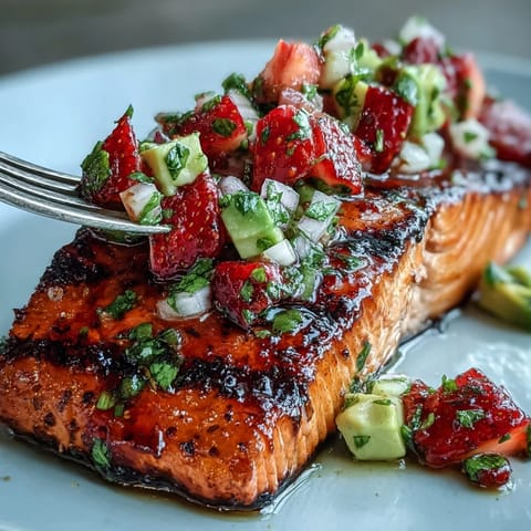 A vibrant plate of grilled salmon with fresh strawberry avocado salsa, bursting with color and flavor for a healthy summer meal.