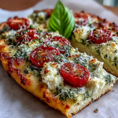 Delicious viral cottage cheese flatbread with pesto and tomato, golden edges and vibrant toppings on a rustic wooden board.
