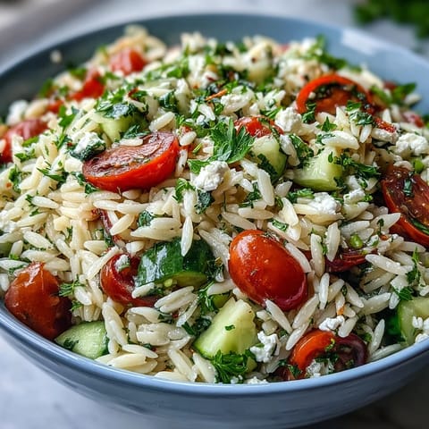 Vibrant summer orzo salad with feta, lemon, and fresh herbs, ready to serve.