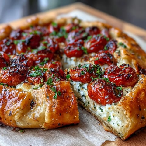 Golden Roasted Cherry Tomato and Feta Galette, a savory rustic tart.