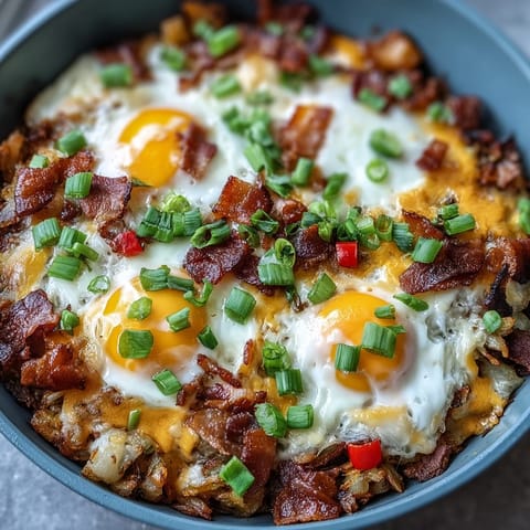 Hearty Father's Day breakfast skillet featuring cheesy hash browns and colorful veggies.