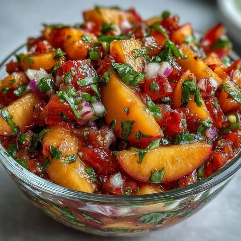 Fruity peach jalapeño salsa with bright cilantro atop grilled fish.