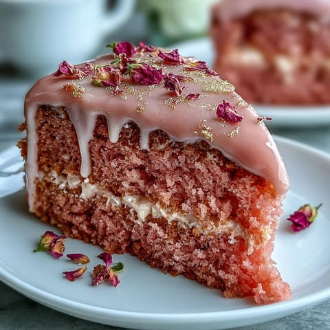 Elegant bridal shower rosé velvet cake, glistening with edible gold chocolate drip.