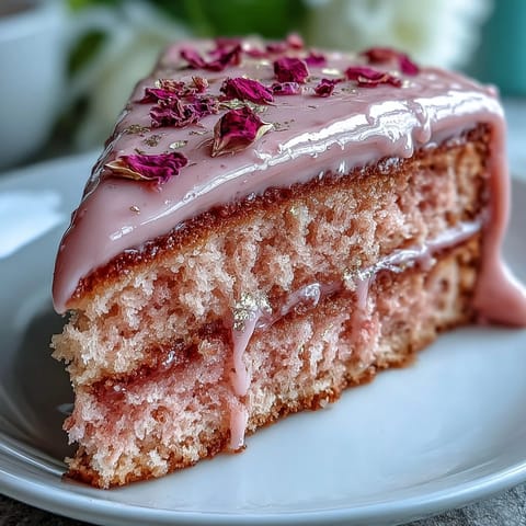 A delightful pink rosé velvet cake, softly frosted and elegantly drizzled with gold.