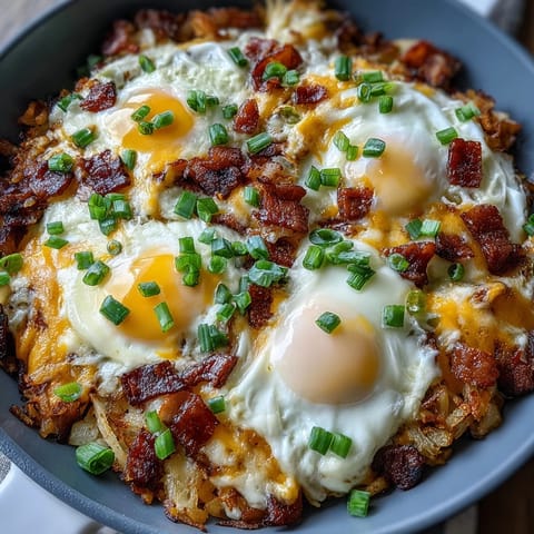 Loaded hash brown skillet with runny eggs and crispy bacon, perfect for brunch.