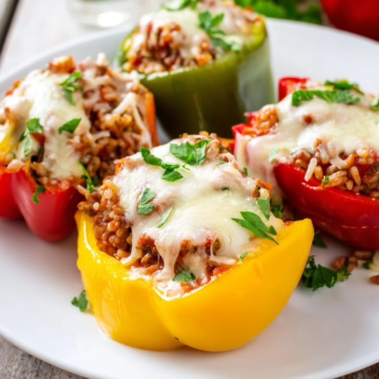 Herb-flecked Stuffed Bell Peppers resting in a baking dish, finished with bubbly, golden cheese.