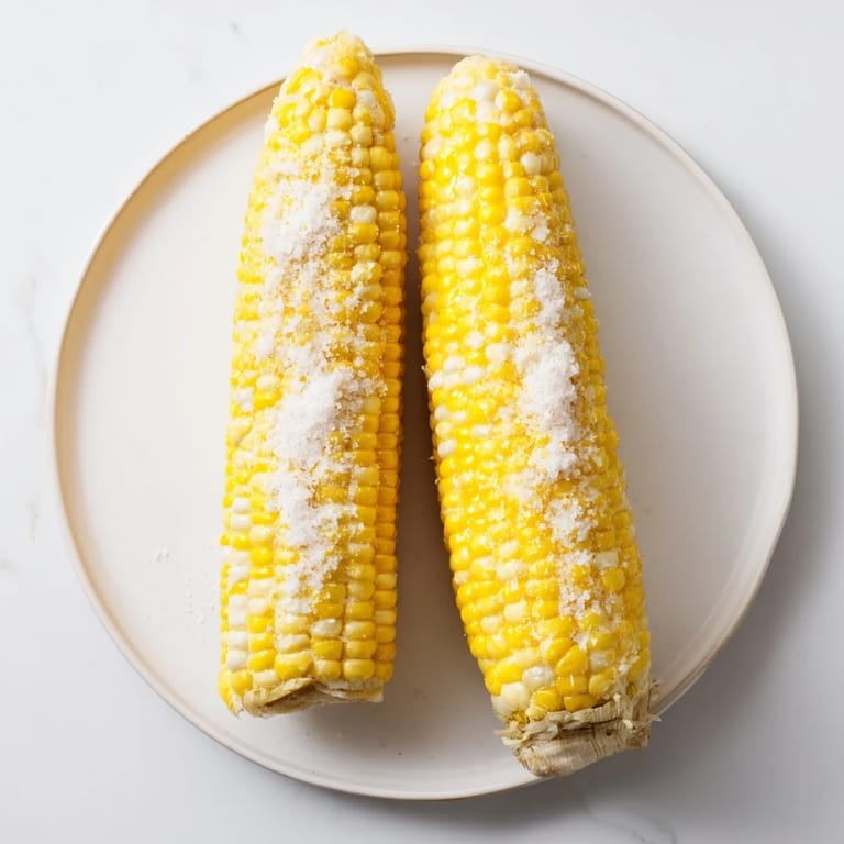 Sweet, grilled corn on the cob with light char marks, served warm on a summer patio table.