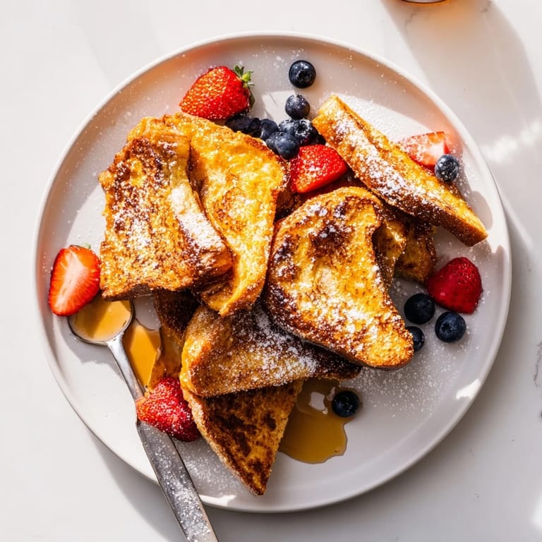Plated French toast topped with powdered sugar and fresh berries, ready to be enjoyed for a cozy breakfast feast.