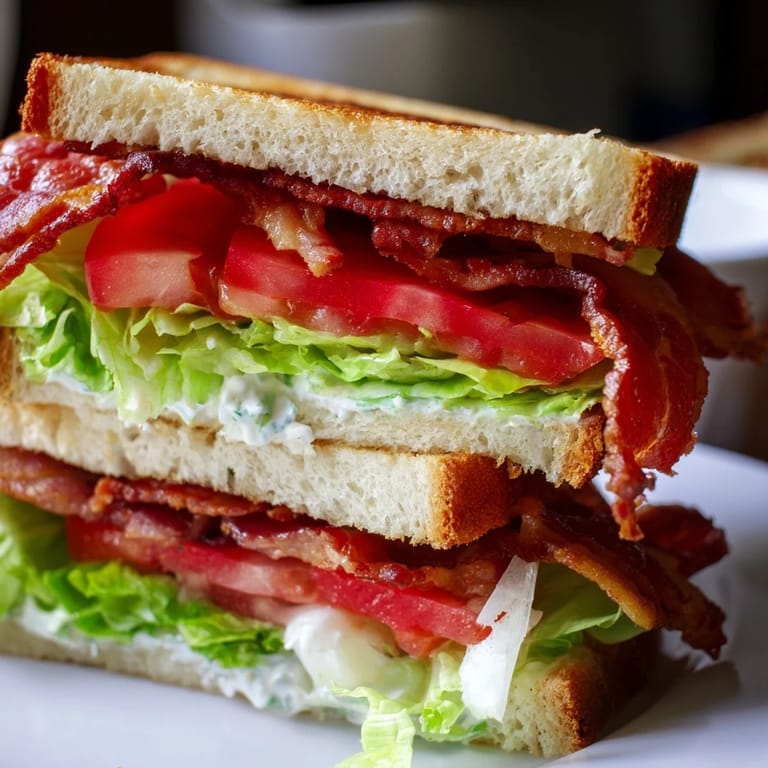 Freshly prepared BLT Sandwich cut in half, revealing layers of creamy mayonnaise, ripe tomato, and crunchy bacon.