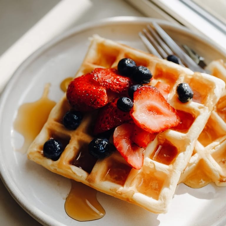 Freshly made waffles stacked high, ready to be served with butter and syrup for a delicious family brunch.