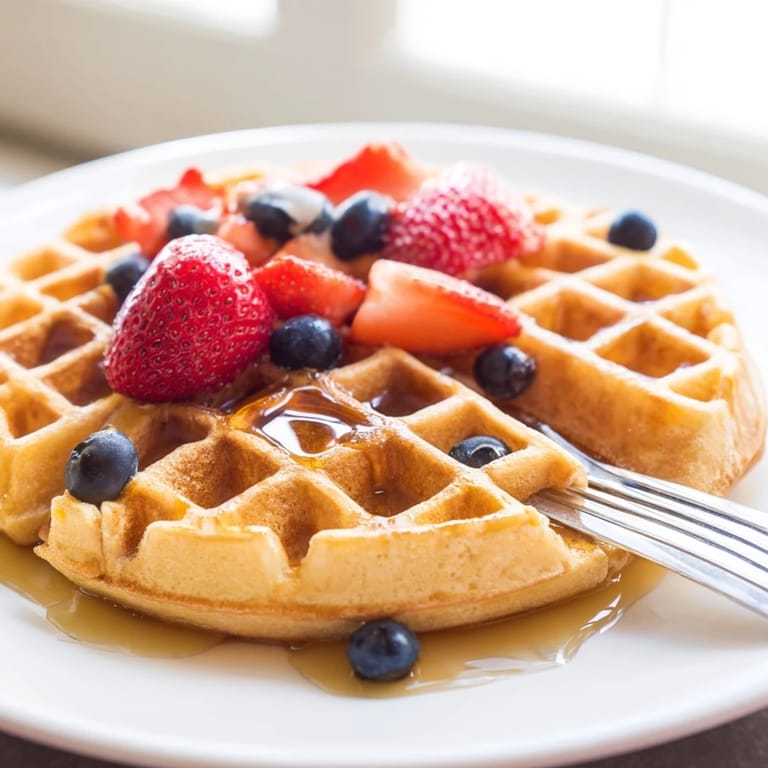 A close up of crisp on the outside tender on the inside waffles, served with a dollop of whipped cream for a sweet treat.