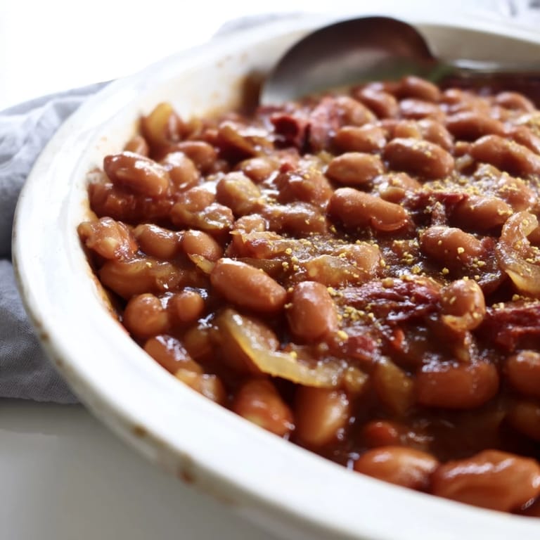 Tender navy beans simmered in a molasses and tomato glaze, perfect for a hearty American barbecue side dish.