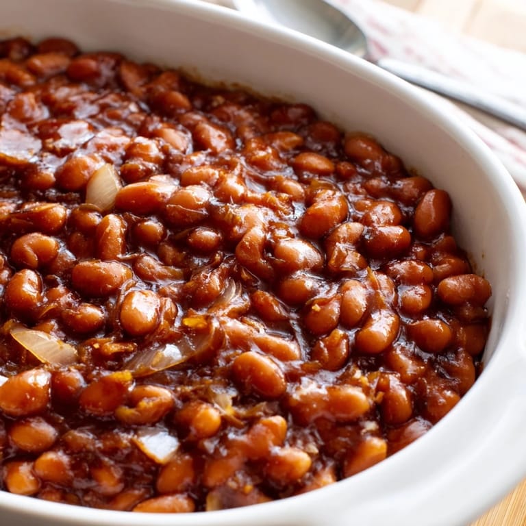 A hearty bowl of homemade Baked Beans garnished with fresh parsley, ready to serve alongside juicy grilled sausages.