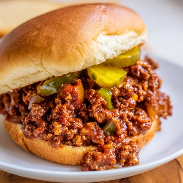 Close-up of tender ground beef and peppers in rich, glossy sauce, ready to be scooped onto soft buns for Sloppy Joes.