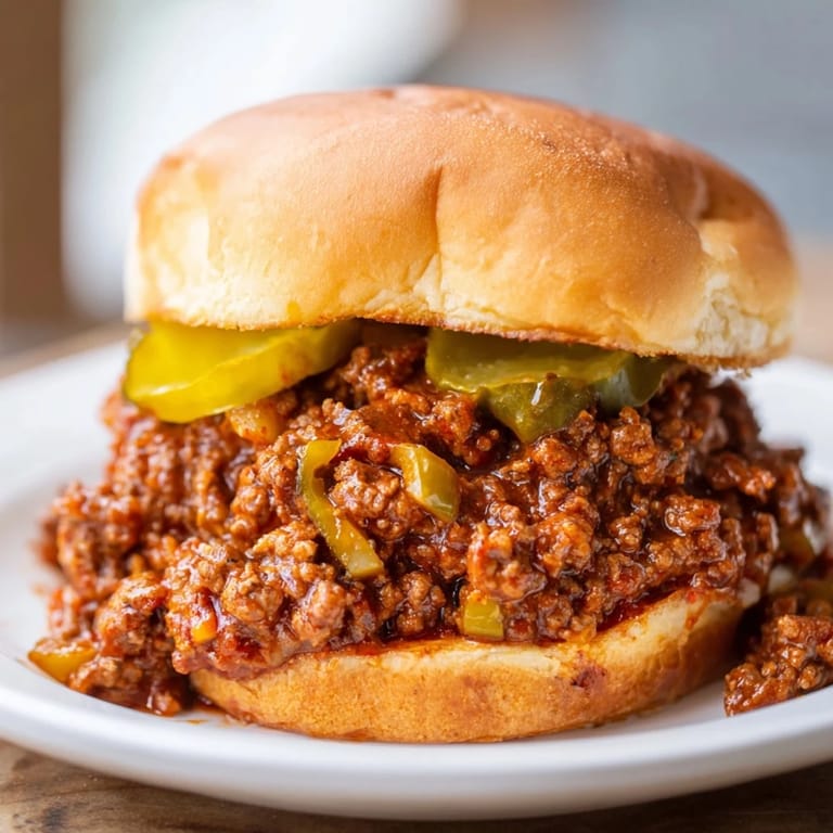 Golden toasted hamburger buns filled with messy, saucy Sloppy Joes, garnished with crisp dill pickle slices for a classic American dinner.