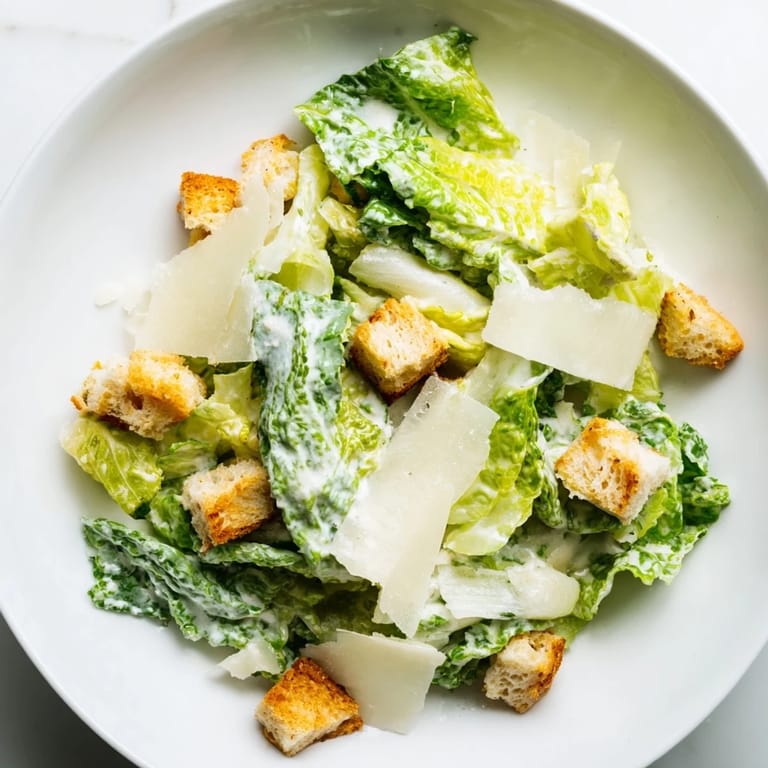 A vibrant bowl of Caesar Salad featuring chopped romaine lettuce tossed in creamy dressing with crunchy croutons and cheese.