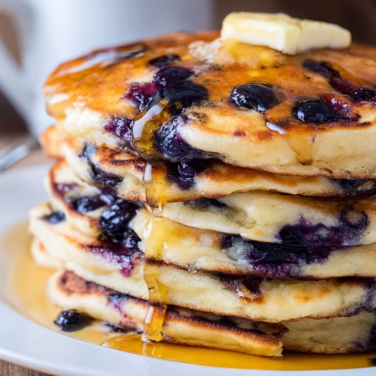 Fluffy Blueberry Pancakes cooking on a griddle, with fresh blueberries peeking out from the golden, buttery edges.