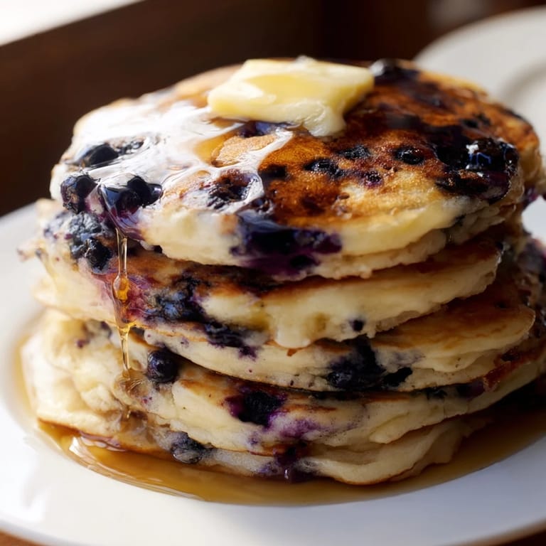 A warm stack of Blueberry Pancakes topped with a drizzle of maple syrup, ready to be enjoyed for breakfast.