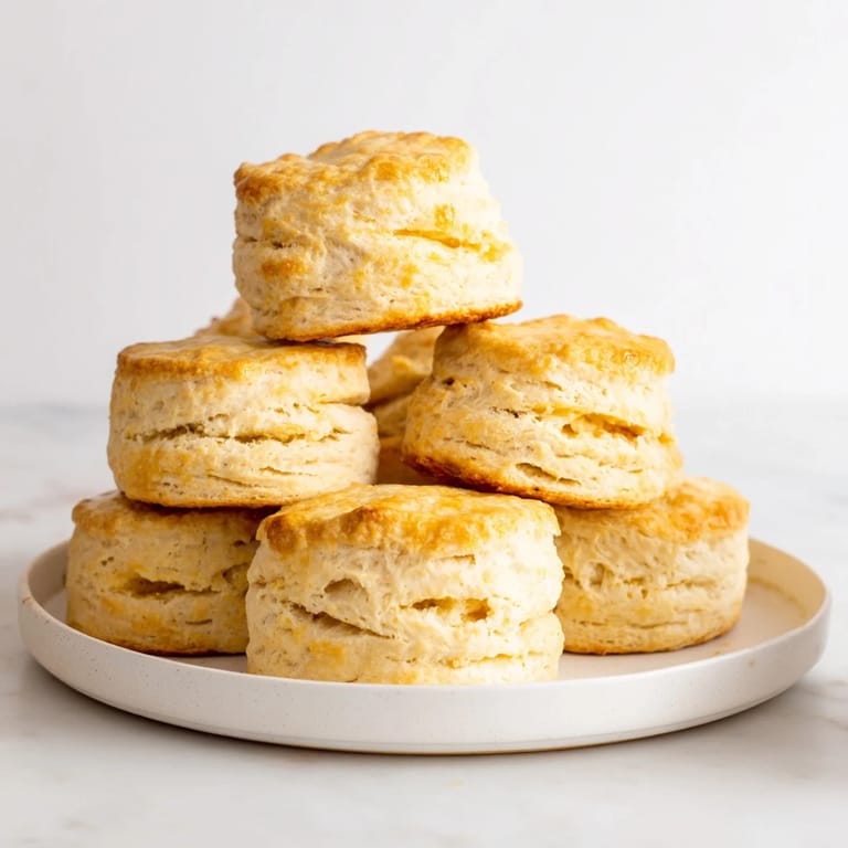 Freshly baked Buttermilk Biscuits stacked high, revealing tender, flaky layers on a rustic plate. 