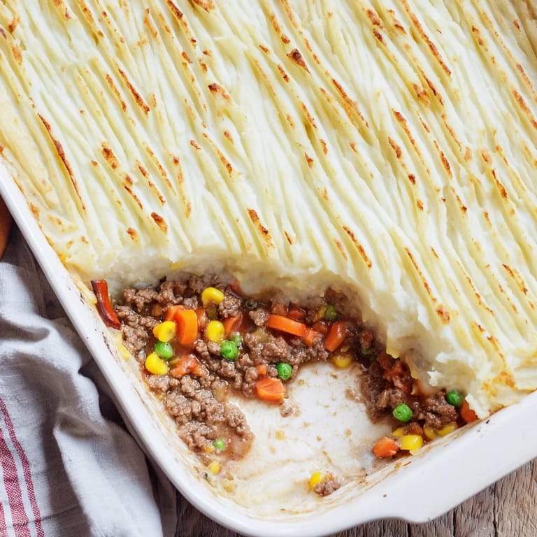 Fork-lifted slice of Shepherd's Pie reveals savory ground beef, peas, and carrots smothered in buttery mash.