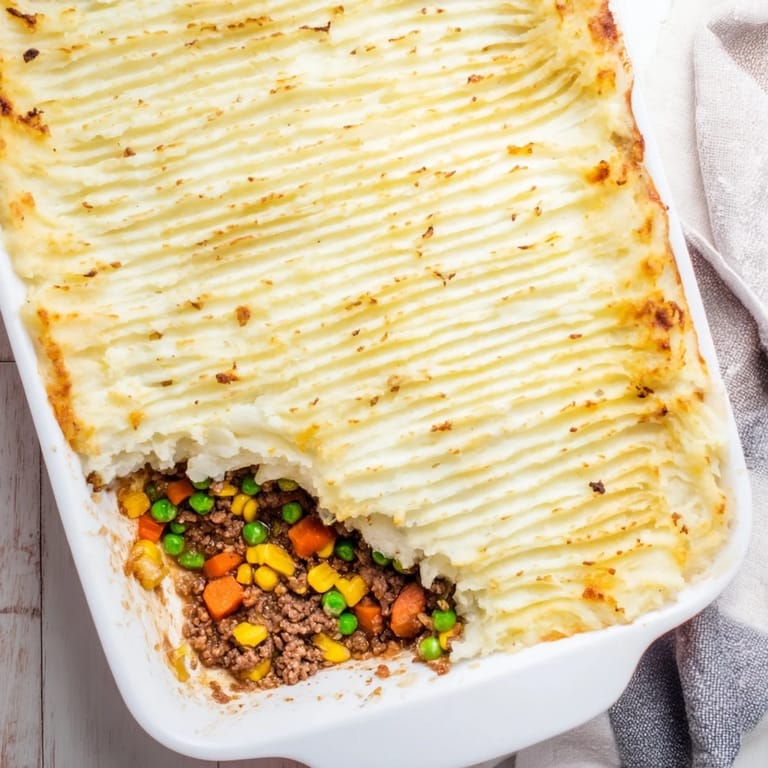 Homemade Shepherd's Pie casserole with a crispy potato topping, ready to serve with gravy for dinner.