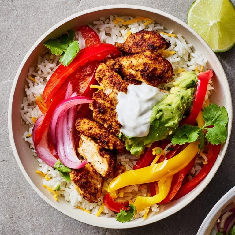Ready-to-serve Chicken Fajita Bowl with juicy strips, sautéed veggies, and lime wedges for a zesty, gluten-free weeknight meal.
