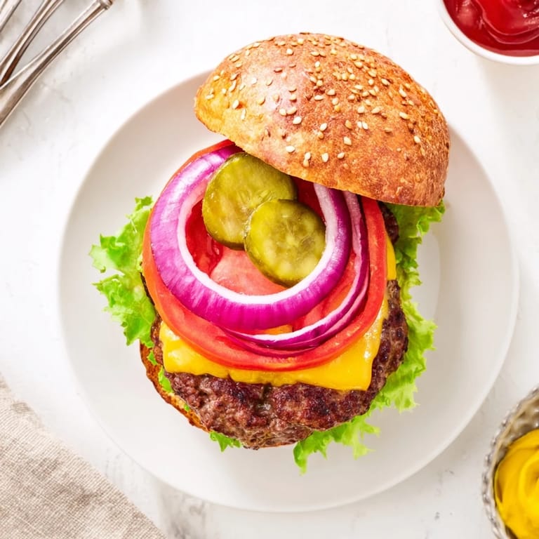 Golden brown hamburgers on soft buns topped with lettuce tomato onion pickles and condiments.