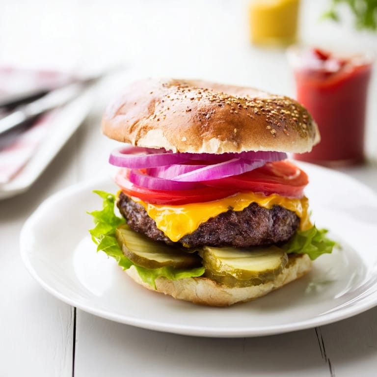 Grilled Hamburgers with juicy beef patties served with crispy fries for a perfect backyard meal.