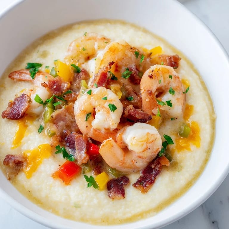 Golden shrimp and bacon simmer in a rich, garlicky lemon butter sauce over cheesy grits, delivering that iconic comforting Shrimp and Grits experience.