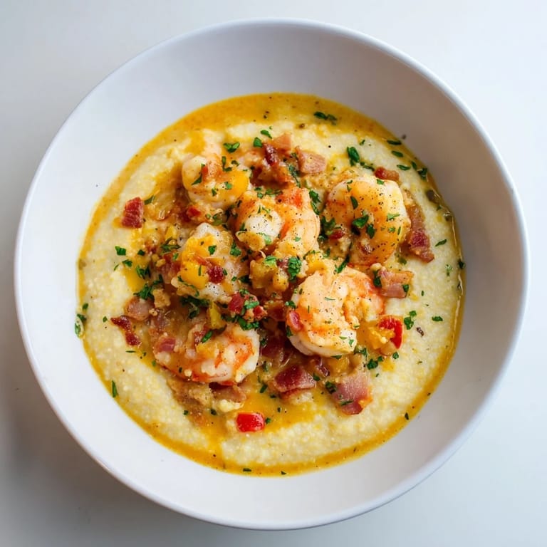 Spoonful of buttery grits and sautéed shrimp with onions and bell peppers, served hot and savory, perfect for brunch or dinner in the American South.