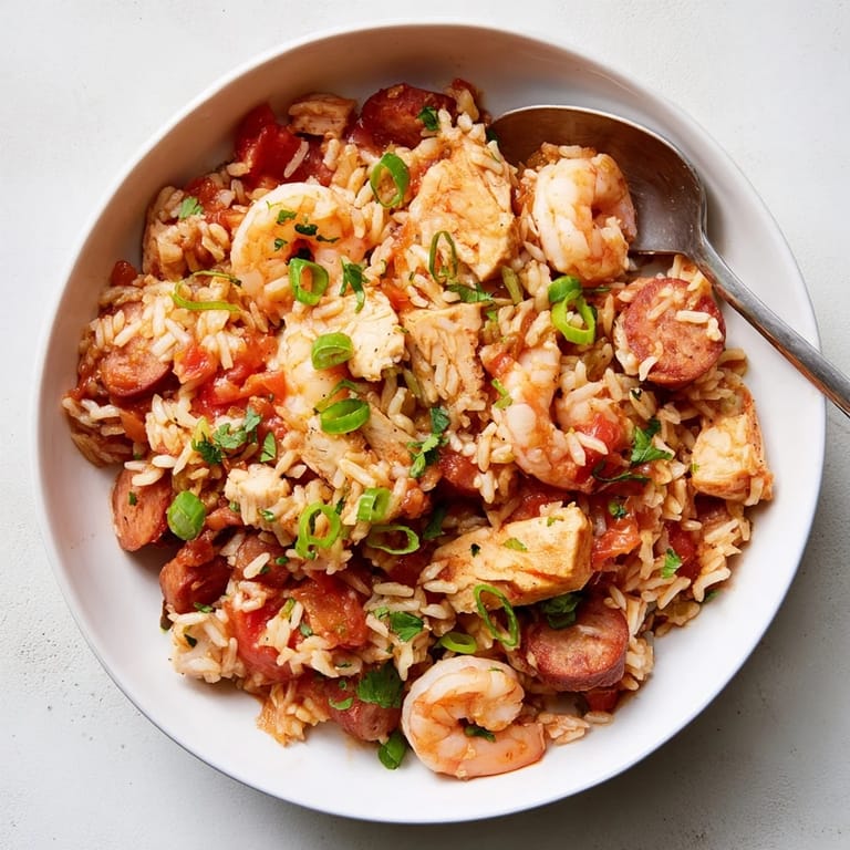 A steaming bowl of spicy jambalaya, loaded with shrimp and chicken, perfect with a dash of hot sauce on the side.