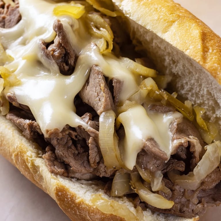 Perfectly melted cheese drips over sautéed onions and peppers in this authentic Philadelphia-style steak sandwich.