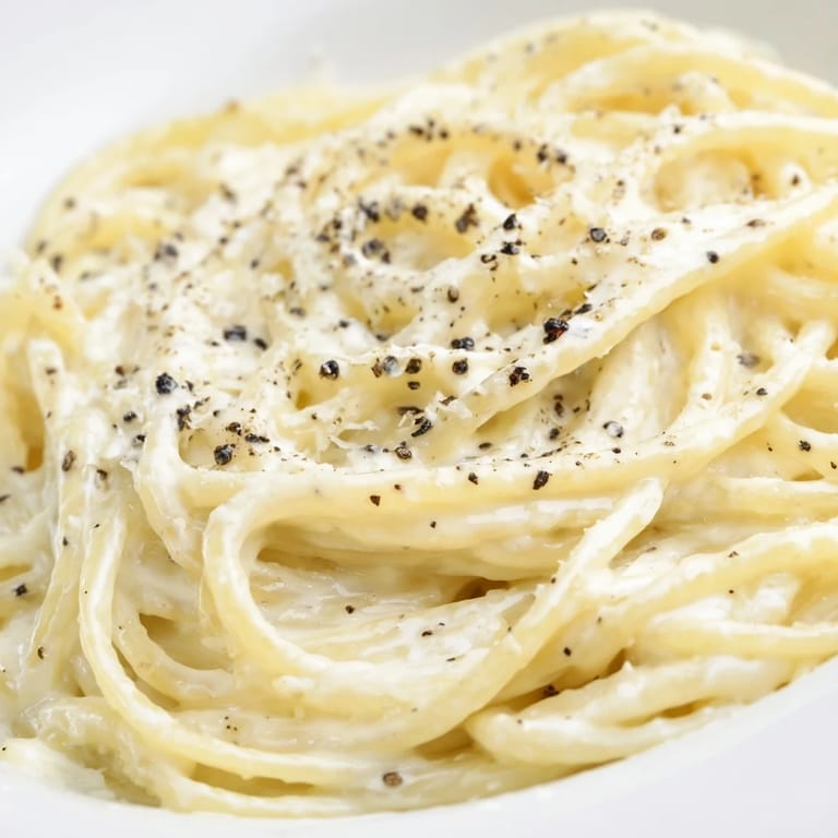 Close-up of Spaghetti Cacio e Pepe with a generous sprinkle of grated Pecorino Romano cheese.  