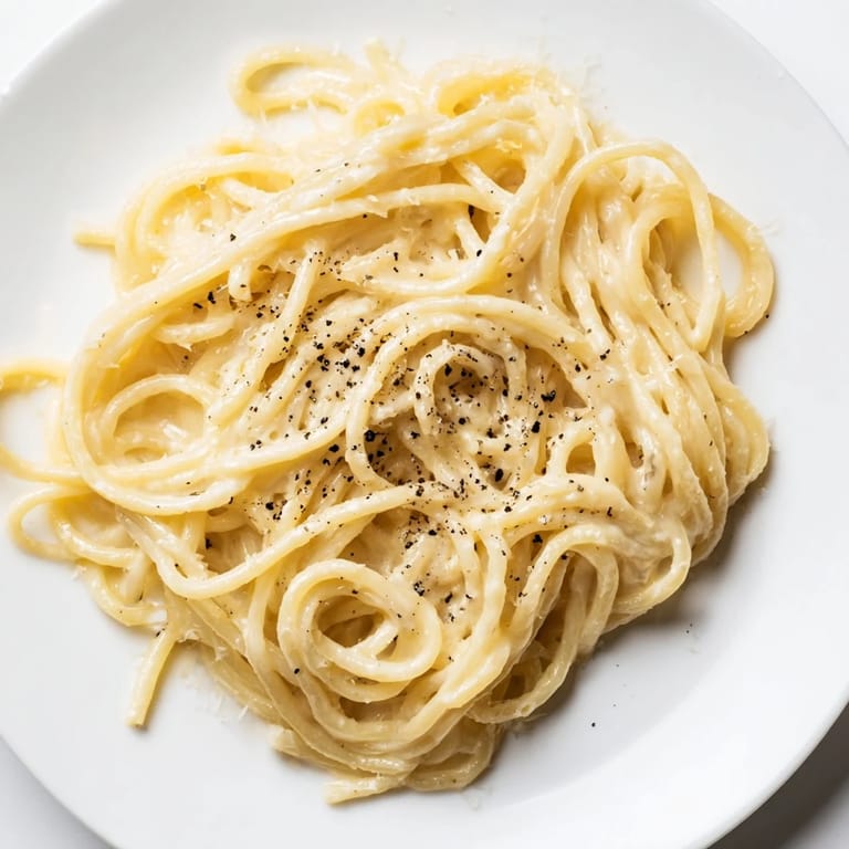 Tongs lifting a forkful of Spaghetti Cacio e Pepe, showcasing the peppery, creamy sauce texture.